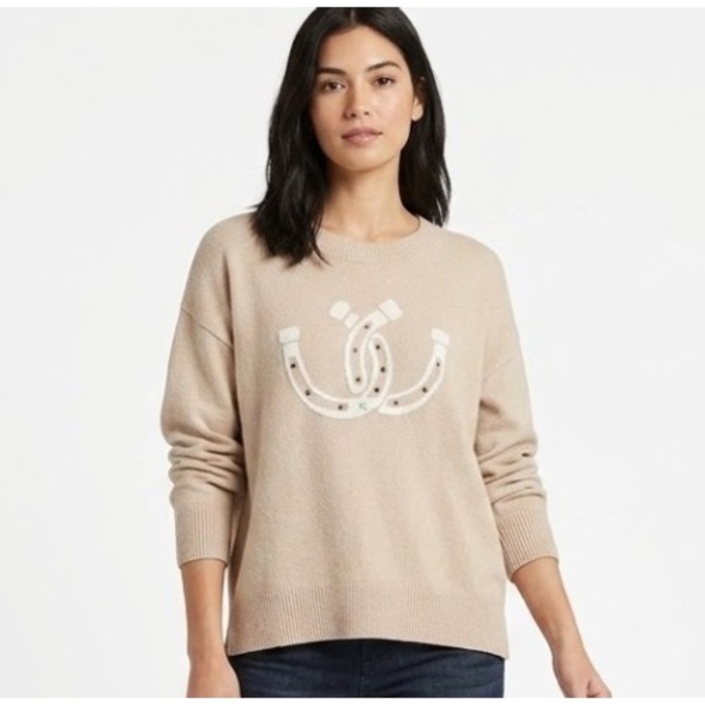 Lucky Brand Sweater Womens Large Tan Horseshoe Studded Boho Western Knit Top Y2K
